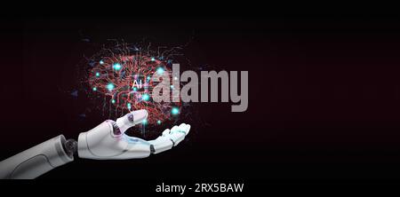 AI brain. Low poly wire frame mesh of artificial intelligence. Poligonal line art in a robot's hand. Human uses AI Stock Photo