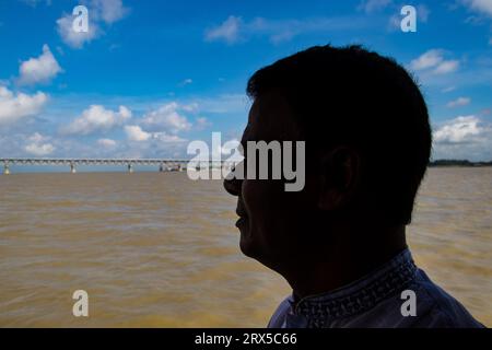 Padma Bridge exclusive 4k image under the beautiful cloudy sky from Padma River, Bangladesh Stock Photo