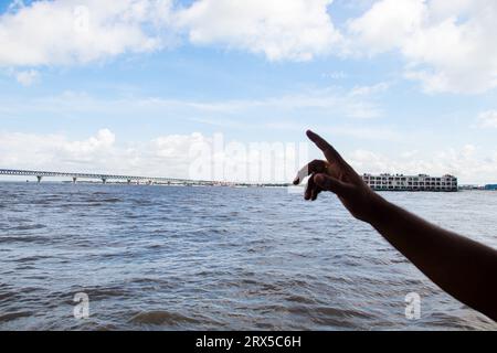 Padma Bridge exclusive 4k image under the beautiful cloudy sky from Padma River, Bangladesh Stock Photo