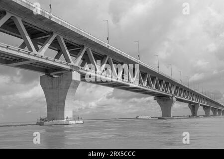 Padma Bridge exclusive 4k image under the beautiful cloudy sky from Padma River, Bangladesh Stock Photo