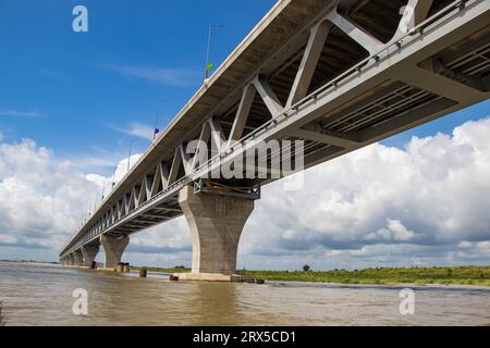Padma Bridge exclusive 4k image under the beautiful cloudy sky from Padma River, Bangladesh Stock Photo