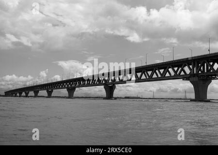 Padma Bridge exclusive 4k image under the beautiful cloudy sky from Padma River, Bangladesh Stock Photo