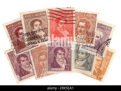 Vintage postage stamps from Argentina featuring portraits on a white background. Stock Photo