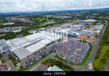 Aerial view of large retail park at Almondvale in town centre Livingston, West Lothian, Scotland, UK. Livingston Designer Outlet and The Centre are tw Stock Photo