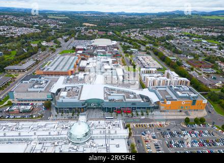 Aerial view of The Centre shopping mall  in large retail park at Almondvale in town centre Livingston, West Lothian, Scotland, UK Stock Photo