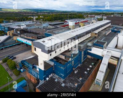 Aerial view of retail park including The Centre Cumbernauld shopping mall in Cumbernauld town centre, North Lanarkshire, Scotland, UK Stock Photo