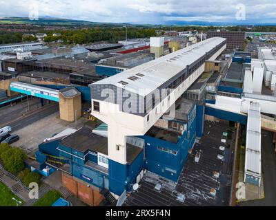 Aerial view of retail park including The Centre Cumbernauld shopping mall in Cumbernauld town centre, North Lanarkshire, Scotland, UK Stock Photo