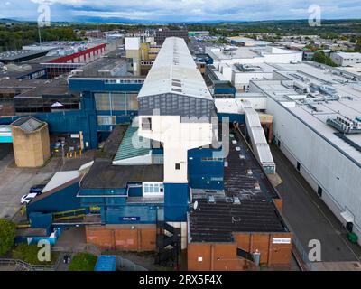 Aerial view of retail park including The Centre Cumbernauld shopping mall in Cumbernauld town centre, North Lanarkshire, Scotland, UK Stock Photo