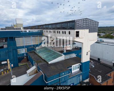 Aerial view of retail park including The Centre Cumbernauld shopping mall in Cumbernauld town centre, North Lanarkshire, Scotland, UK Stock Photo