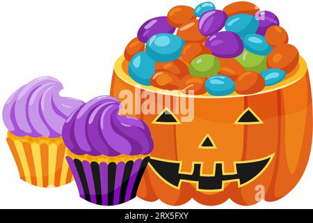 Halloween traditional sweet treat. Orange pumpkin bowl with candies and purple cupcakes. Sweet food reward trick or treat during Halloween celebration Stock Vector