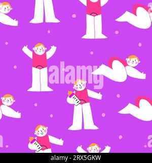 Seamless pattern with playful child baby character on violet background. Nursery pattern with cute cartoon baby character. Vector illustration Stock Vector