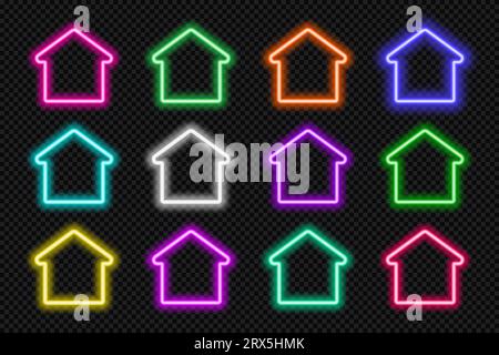 Neon house icon set. Glowing coloful home frame borders. Building shape action button UI elements with copy space. Purple, blue, pink, yellow, green Stock Vector