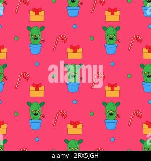 Christmas, new year, eco cactus and gifts. In psychedelic groovy style. Seamless pattern on fabric, wrapping paper, bedding, clothing. Stock Vector