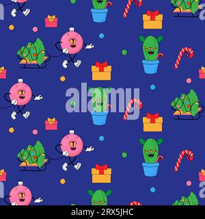 A toy ball carrying a Christmas tree on a sleigh . In psychedelic groovy style. Seamless pattern on fabric, wrapping paper, bedding, clothing. Stock Vector