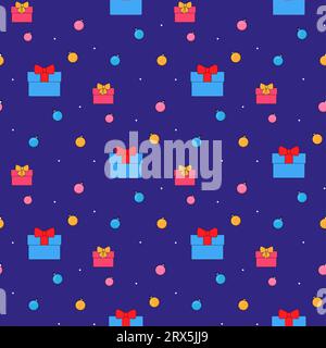 Christmas, new year, eco cactus and gifts. In psychedelic groovy style. Seamless pattern on fabric, wrapping paper, bedding, clothing. Stock Vector