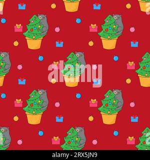 Cat and Christmas tree, eco cactus new year. Stock Vector
