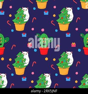 The cat and the Christmas tree, the cactus eco tree. In psychedelic groovy style. Seamless pattern on fabric, wrapping paper, bedding, clothing. Stock Vector