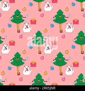 The cat and the Christmas tree, the cactus eco tree. In psychedelic groovy style. Seamless pattern on fabric, wrapping paper, bedding, clothing. Stock Vector