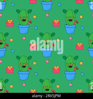 Christmas cactus eco tree. In psychedelic groovy style. Seamless pattern on fabric, wrapping paper, bedding, clothing. Stock Vector