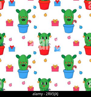 Christmas cactus eco tree. In psychedelic groovy style. Seamless pattern on fabric, wrapping paper, bedding, clothing. Stock Vector