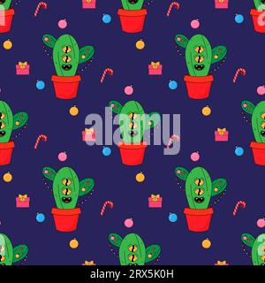 Christmas cactus eco tree. In psychedelic groovy style. Seamless pattern on fabric, wrapping paper, bedding, clothing. Stock Vector