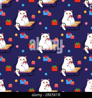 Christmas cat sitting on a sleigh. In psychedelic groovy style. Seamless pattern on fabric, wrapping paper, bedding, clothing. Stock Vector