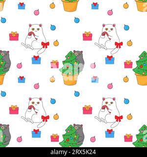 The cat and the Christmas tree, the cactus eco tree. In psychedelic groovy style. Seamless pattern on fabric, wrapping paper, bedding, clothing. Stock Vector