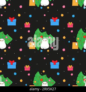 The cat and the Christmas tree, the cactus eco tree. In psychedelic groovy style. Seamless pattern on fabric, wrapping paper, bedding, clothing. Stock Vector