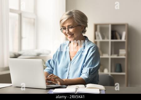 Positive elder mature freelance business lady enjoying online distant job Stock Photo