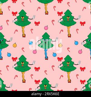 Christmas tree. In psychedelic groovy style. Seamless pattern on fabric, wrapping paper, bedding, clothing. Stock Vector
