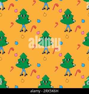 Christmas tree. In psychedelic groovy style. Seamless pattern on fabric, wrapping paper, bedding, clothing. Stock Vector