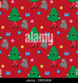 The cat and the Christmas tree, the cactus eco tree. In psychedelic groovy style. Seamless pattern on fabric, wrapping paper, bedding, clothing. Stock Vector