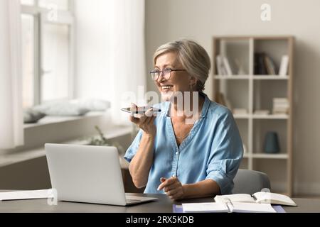 Cheerful older pensioner woman using gadgets for wireless online communication Stock Photo