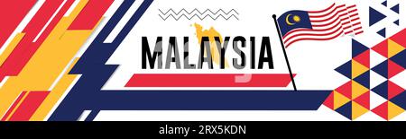 Malaysia national day banner with map, flag colors theme background and geometric abstract retro modern colorfull design with raised hands or fists. Stock Vector