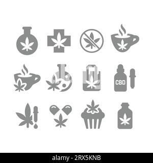 Hemp, cannabis and marijuana usage vector icons. CBD, medical cannabidiol and oil drops icon set. Stock Vector