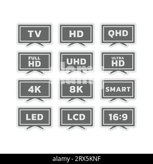 Smart tv and 8K vector labels. Ultra HD, 4K resolution and Led display television icon set. Stock Vector