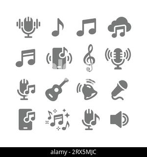 Music notes, clef and sound vector icon set. Musical note, microphone icons. Stock Vector