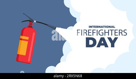 Fire extinguishing. Autonomous red fire extinguisher foam spills onto fire. Banner, poster or template for international firefighters day. Vector illu Stock Vector