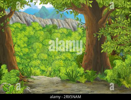 cartoon summer scene with meadow in the forest illustration for children Stock Photo