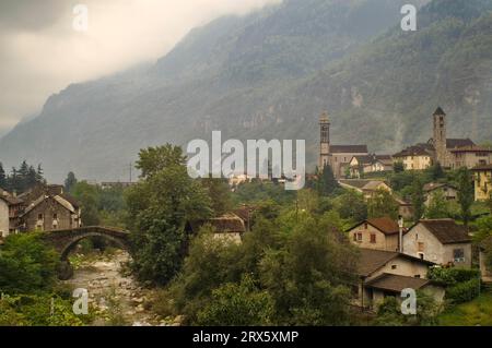 Giornico in southern Switzerland, Ticino with the Ticino River Stock Photo