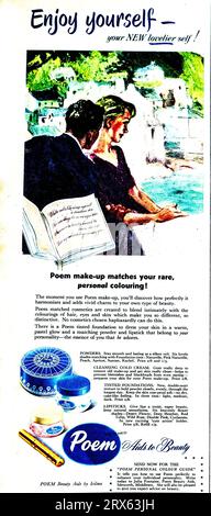 A 1950 advertisement for Poem Beauty Aids by Icilma. The advertisement features a couple and a poem the man wrote for the woman. Icilma manufactured lipstick, tinted foundation, cleansing cold cream and powders under the Poem Brand. Stock Photo