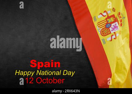Spain national day, 12 de Octubre, fiesta nacional de Espana, bent waving ribbon in colors of the Spain national flag. Celebration background. Stock Photo