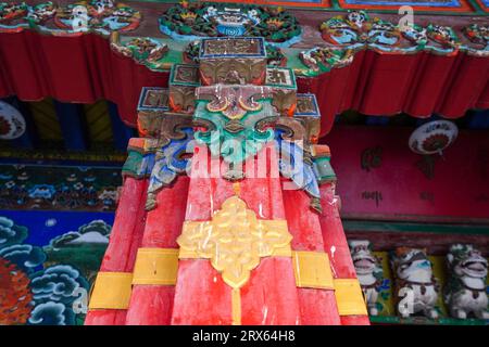 Painted pillars of Jokhang in the Tibetan Scenic Area of China Ethnic Museum Stock Photo