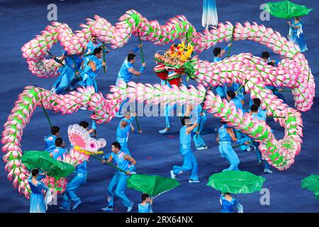 Beijing, China's Zhejiang Province. 23rd Sep, 2023. Artists perform before the opening ceremony of the 19th Asian Games at the Hangzhou Olympic Sports Center Stadium in Hangzhou, east China's Zhejiang Province, Sept. 23, 2023. Credit: Pan Yulong/Xinhua/Alamy Live News Stock Photo