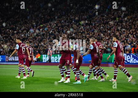 LONDON, UK - 21st Sep 2023:  Mohammed Kudus of West Ham United celebrates scoring his side's second goal with team mate Angelo Ogbonna during the UEFA Stock Photo