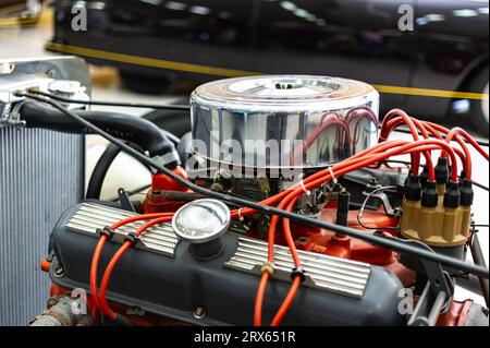OSTRAVA, CZECH REPUBLIC - SEPTEMBER 15, 2012: Old American OHV V8 engine from a muscle car with air filter cover, cylinder head and Magnetti marelli i Stock Photo