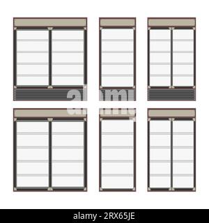 Set of different commercial refrigerators for stores and supermarket. Empty fridges with shelves inside and glass doors for cooling drinks in shops. Stock Vector