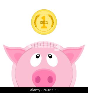 Coin falling in a piggy bank. Money is falling into the money box in shape piggy. Pink little piglet looks at a yellow coin. Front view. Stock Vector