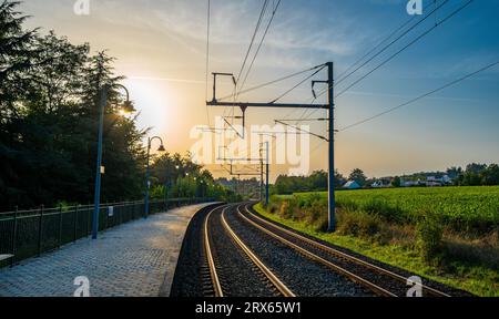 Tours, France, Europe - September 6, 2023: Vide panoramic view of the SNCF Railway track on the Chenonceau station at sunset Stock Photo