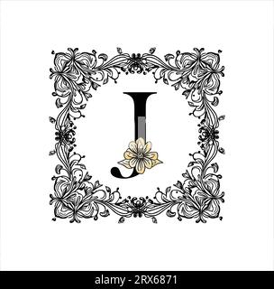 J floral letter , J in floral frame , floral frame Stock Vector